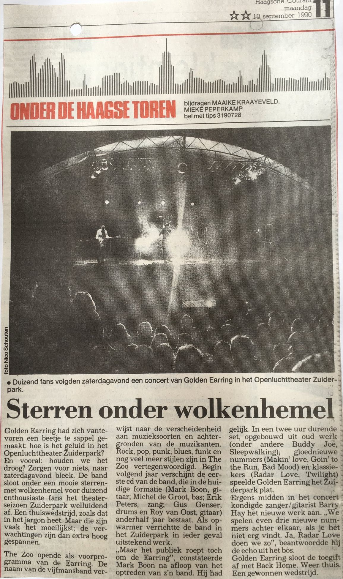 Haagsche Courant Newspaper article with Golden Earring show review September 08 1990 Den Haag - Openluchtheater Zuiderpark (Collection Ria Brekelmans)